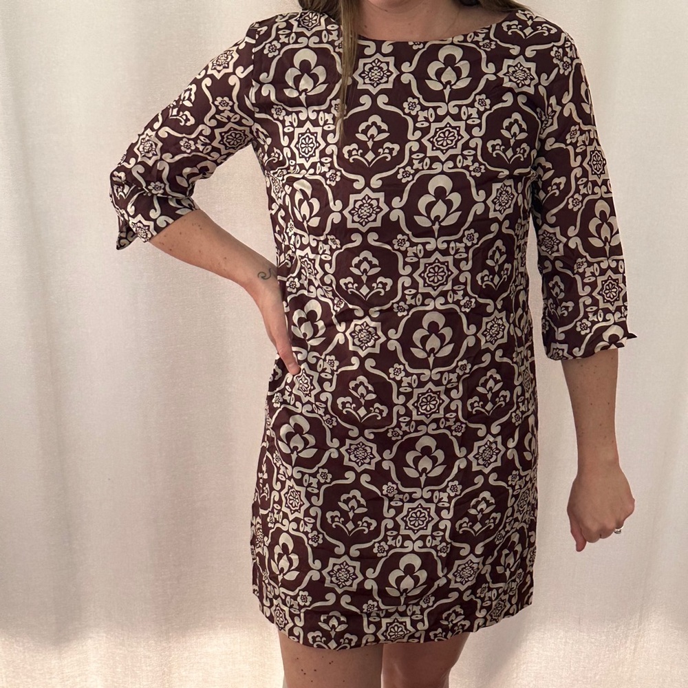 Velvet Espresso and Cream Sheath Dress with Cuffed 3/4 Sleeves